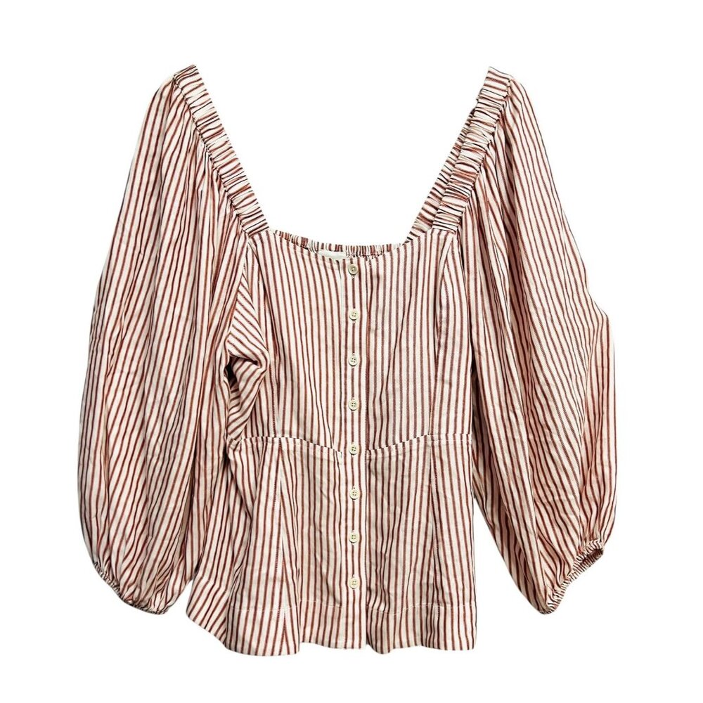Cabi Blouse Womens Medium White Red Striped Button Down Peplum Puff Sleeve Top‎